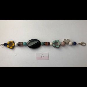 Beaded Bracelet w yellow & aqua flowers (#14)